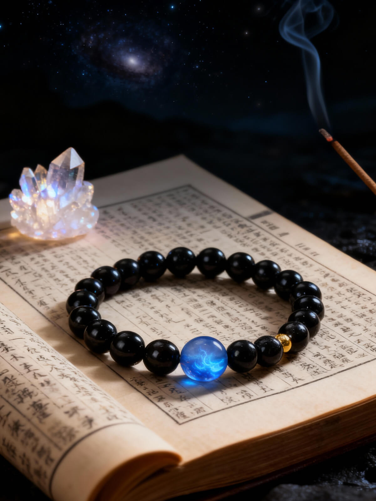 Void Series Obsidian Bracelet on an open Tao Te Ching book, representing the philosophical concept of the cosmic void.