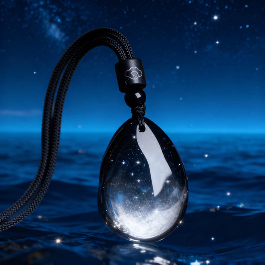 Obsidian tear pendant front view, Taoist inspired spiritual jewelry