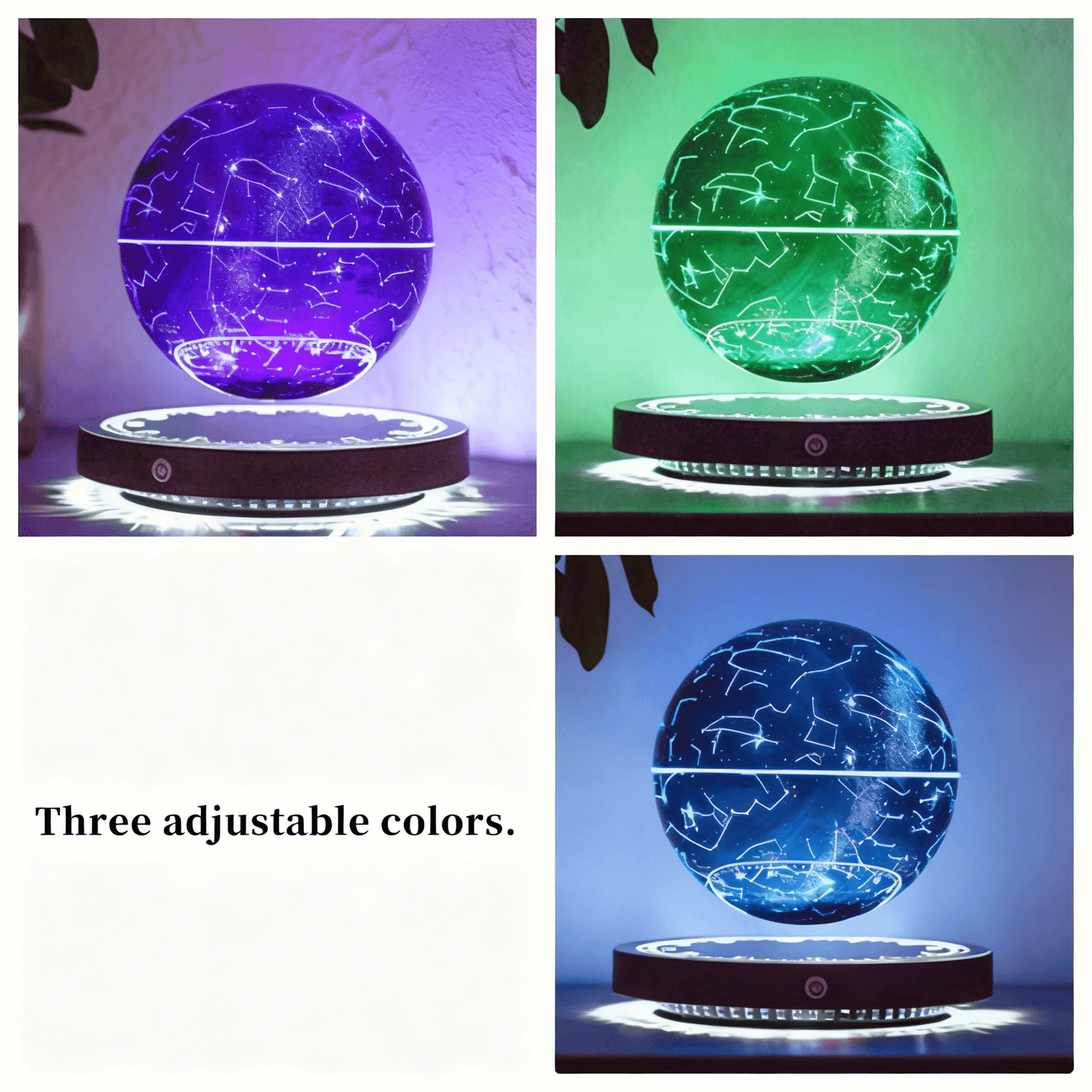The Galactic Orb demonstrating its three color light modes: blue, green, and purple.