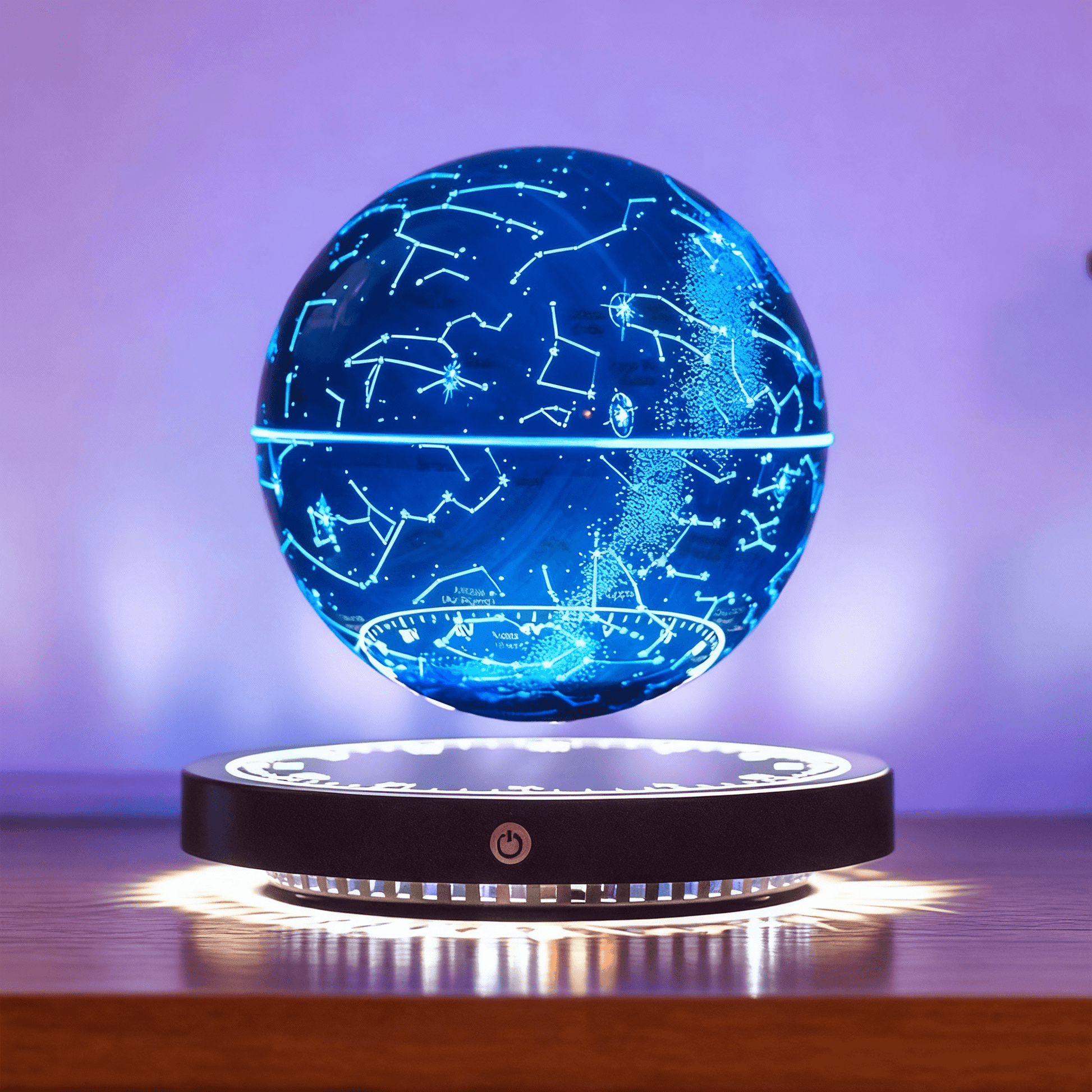 The Galactic Orb night light floating above its base, emitting a soft blue glow in a dark, atmospheric room setting.