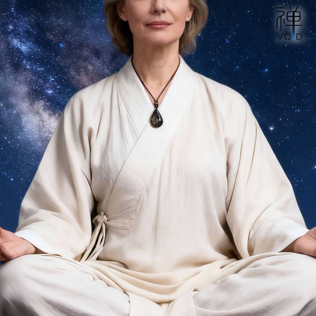 Model wearing obsidian tear necklace, minimalist Taoist cosmic style