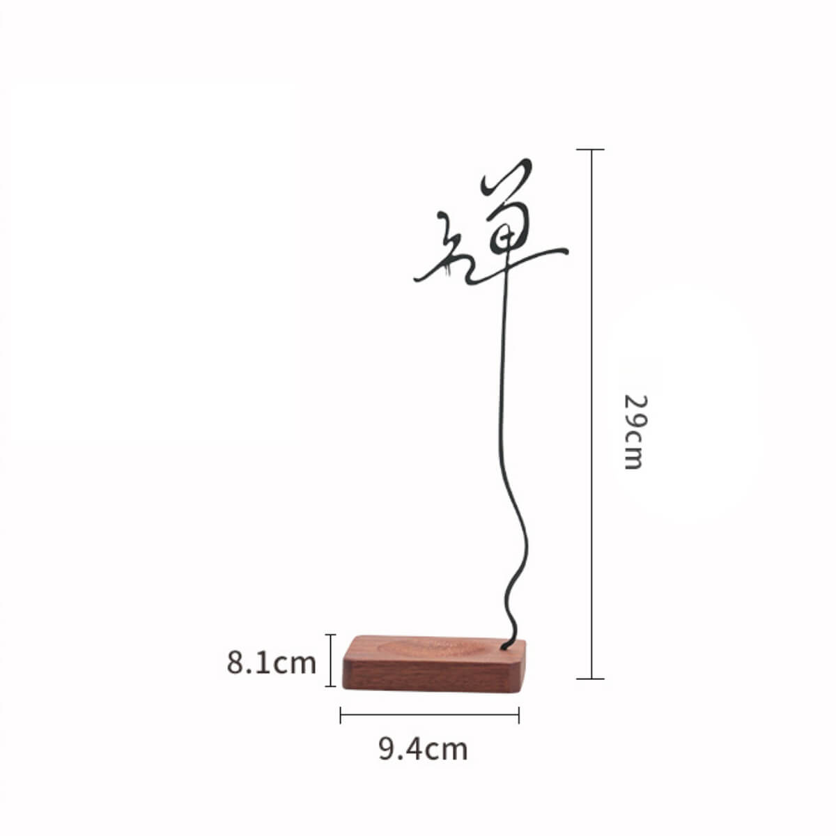 Dimension diagram of the Inverted Zen Incense Holder, providing precise measurements for the solid wood base and cast iron Zen character.