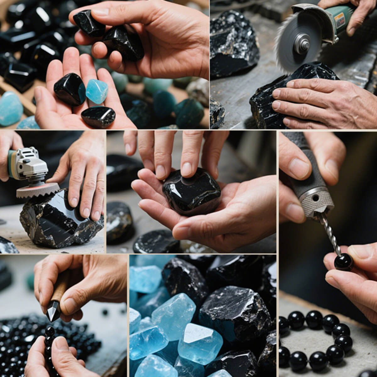 Close-up of natural obsidian and blueberry, transformed through 78 meticulous handcrafting steps to embody the human spirit within natural power.