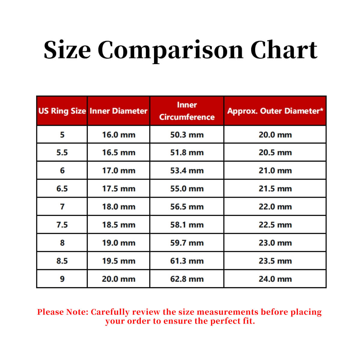 Comprehensive US Ring Size Comparison Chart for the Unity Series Red Sandalwood and Silver Maple Leaf Couple Rings, detailing inner diameter and circumference for sizes 5 to 9.