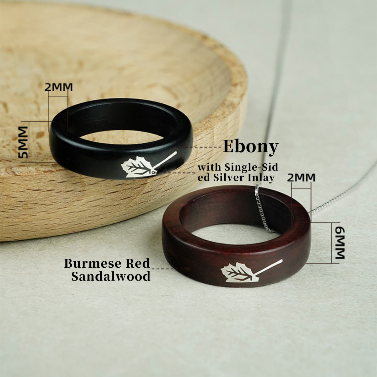 Detailed specification diagram showcasing the precise 5mm and 6mm width options for the handcrafted red sandalwood and silver rings.