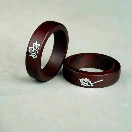 Unity Series - Burmese Red Sandalwood Couple Rings with a silver maple leaf inlay, interlocking to form one complete leaf.