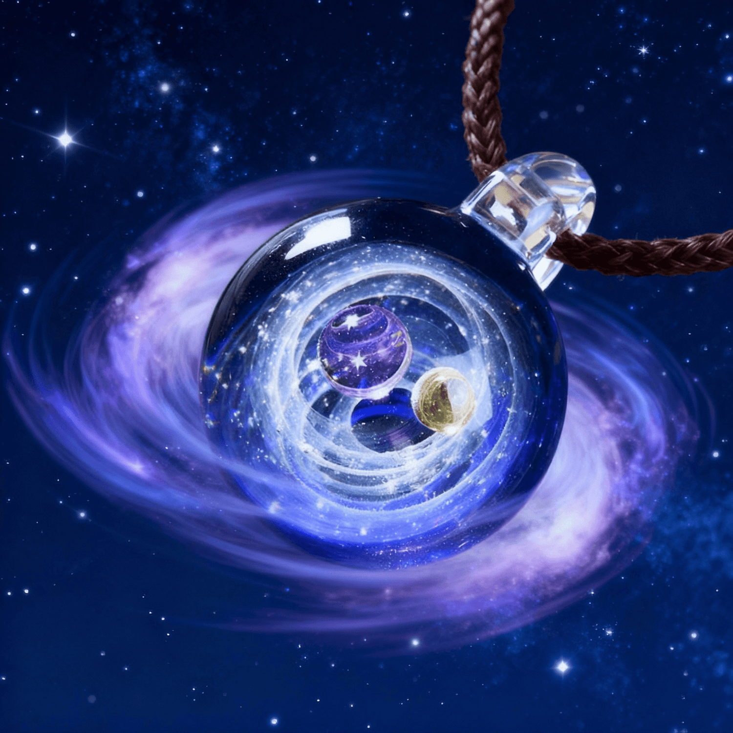 Artistic concept: the glass Cosmic Sphere Pendant seamlessly merges with and becomes the heart of a vast, glowing galactic core, symbolizing the unity of the self and the cosmos.